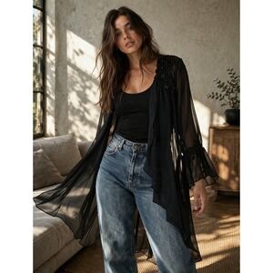 Lucie Ann II Vintage Black Sheer Beaded Lace High Low Robe Cover Up OSFA 1816